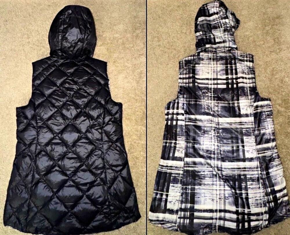 Gerry Women’s Reversible Hooded Puffer Vest Black White Plaid Fits Small